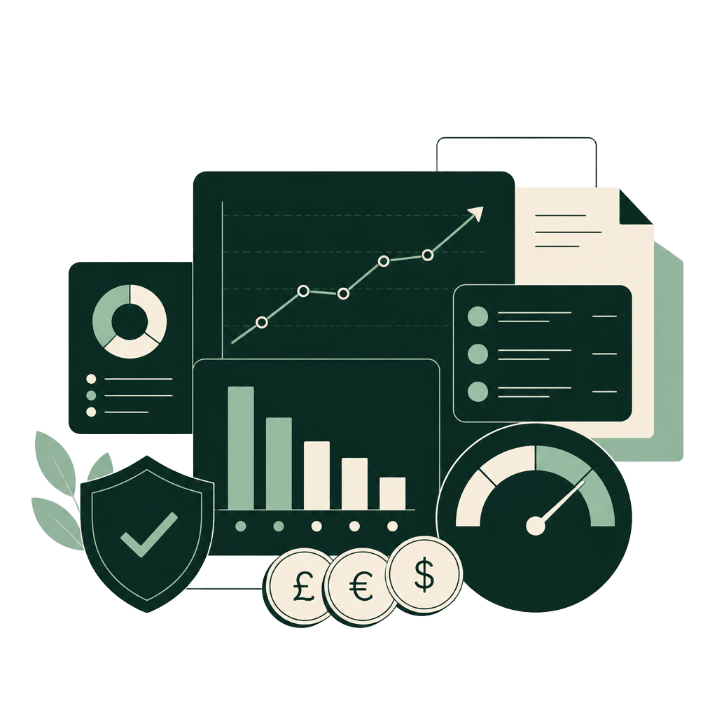 Illustration of credit control dashboards, aging buckets, multi-currency coins and a risk gauge